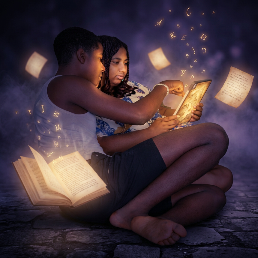 Two siblings sitting together on cobblestones, a glowing tablet in hand, letters and manuscript pages floating up from a magical open book beside them